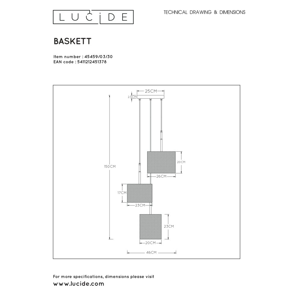 Lucide BASKETT Hanglamp Zwart, 3-lichts