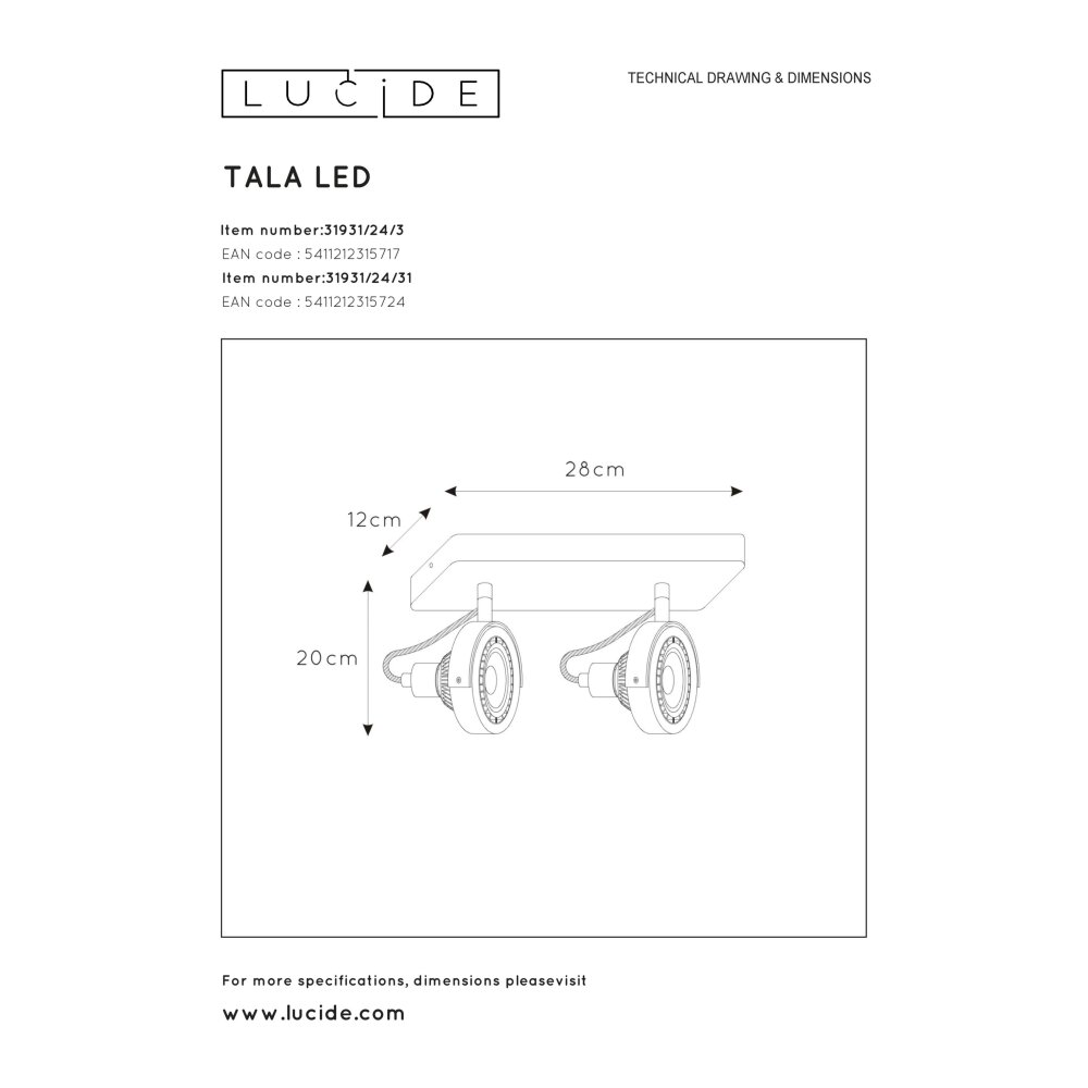 Lucide TALA Plafond straler LED Zwart, 2-lichts