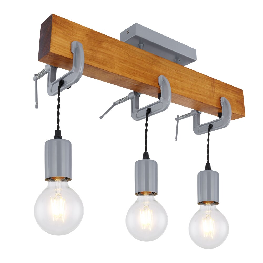Globo LUDI Plafondlamp Grijs, Hout donker, 3-lichts main product photo