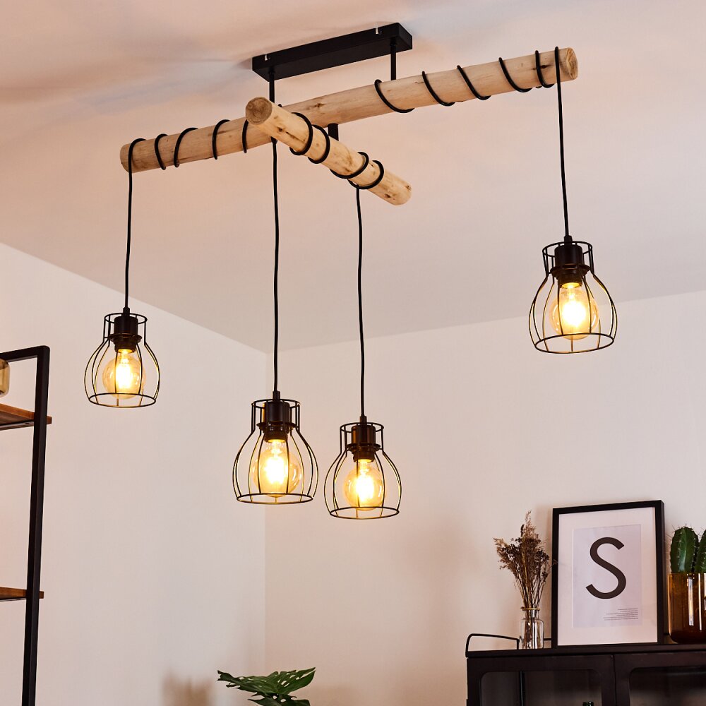 Gondo Plafondlamp Hout licht, Zwart, 4-lichts