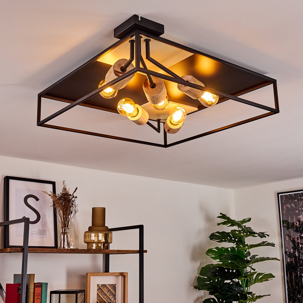Salla Plafondlamp Hout licht, Zwart, 5-lichts main product photo