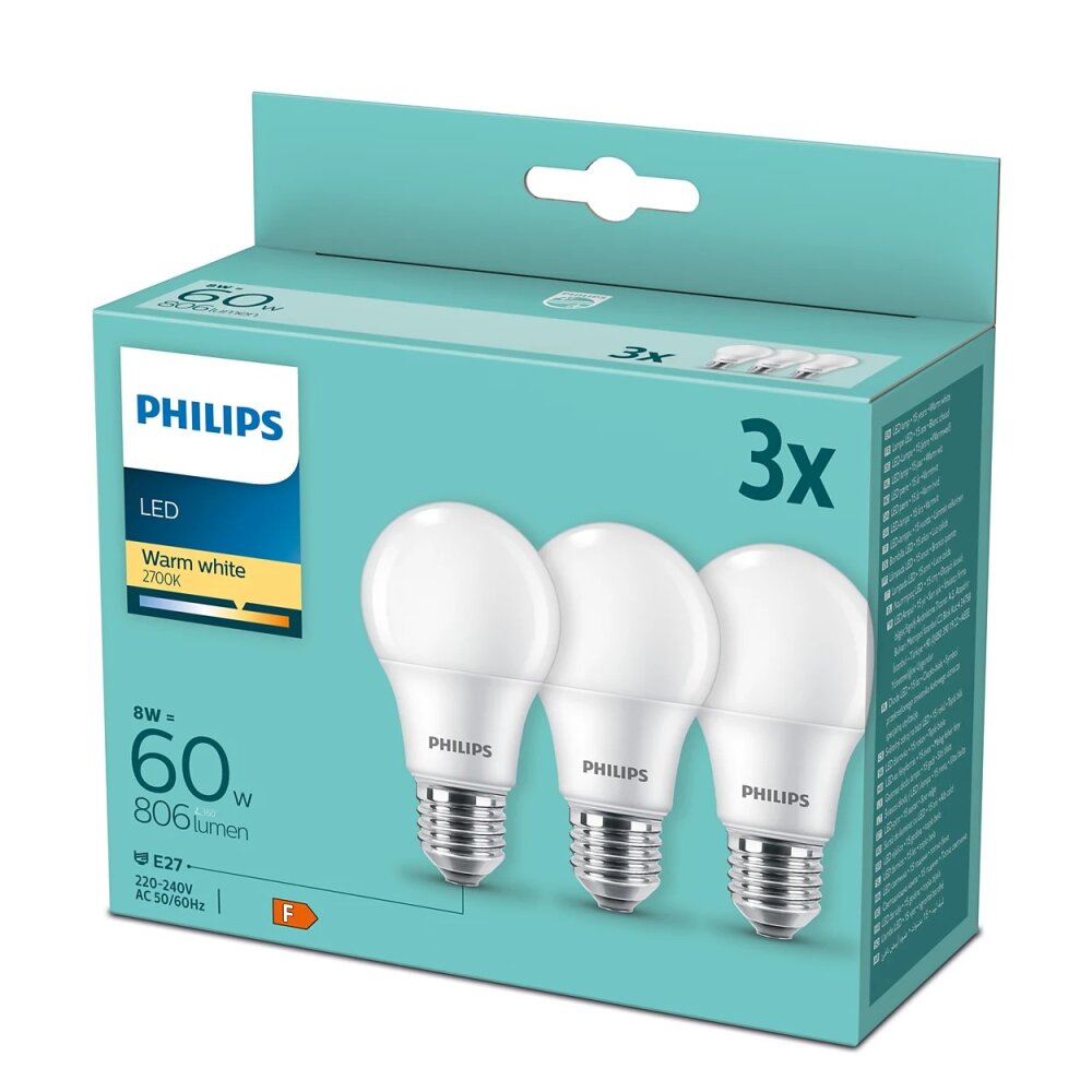 Philips 3x Set LED E27 8 Watt 2700 Kelvin 806 Lumen main product photo