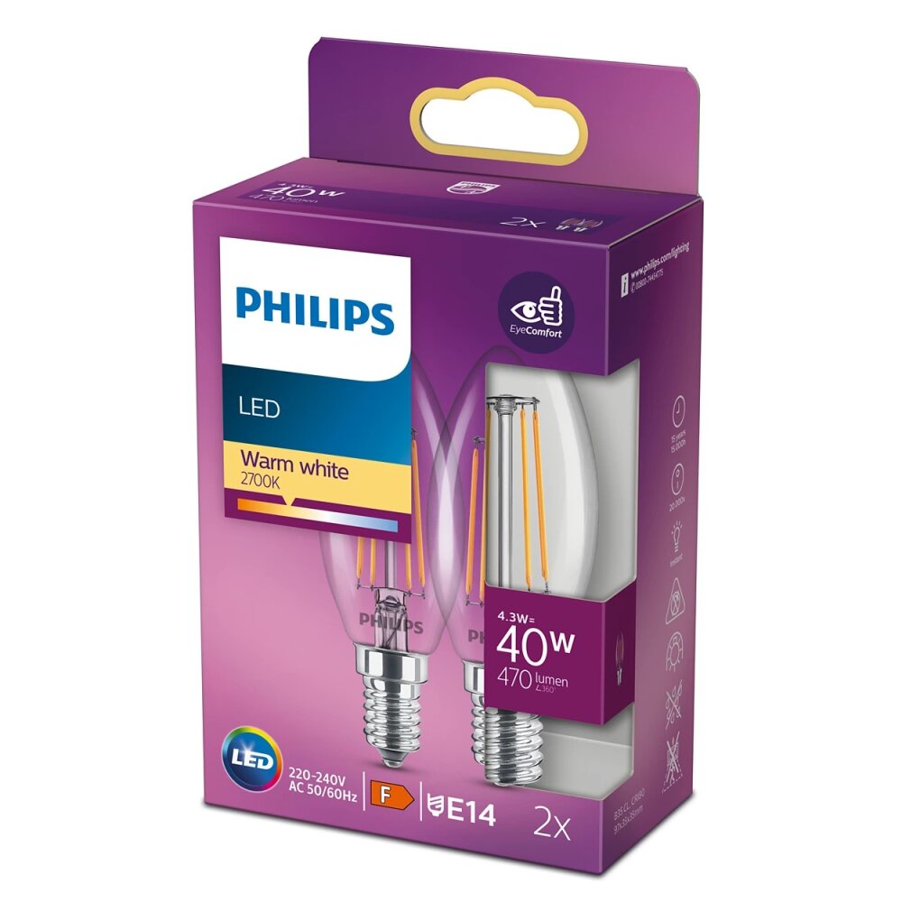 Philips 2x LED E14 4,3 Watt 2700 Kelvin 470 Lumen main product photo