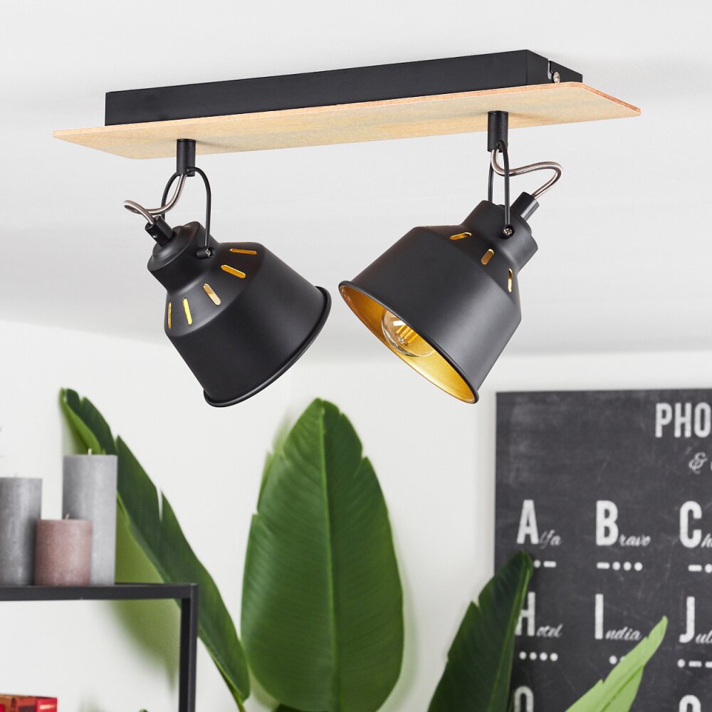 Safari Plafondlamp Chroom, Hout licht, Zwart, 2-lichts
