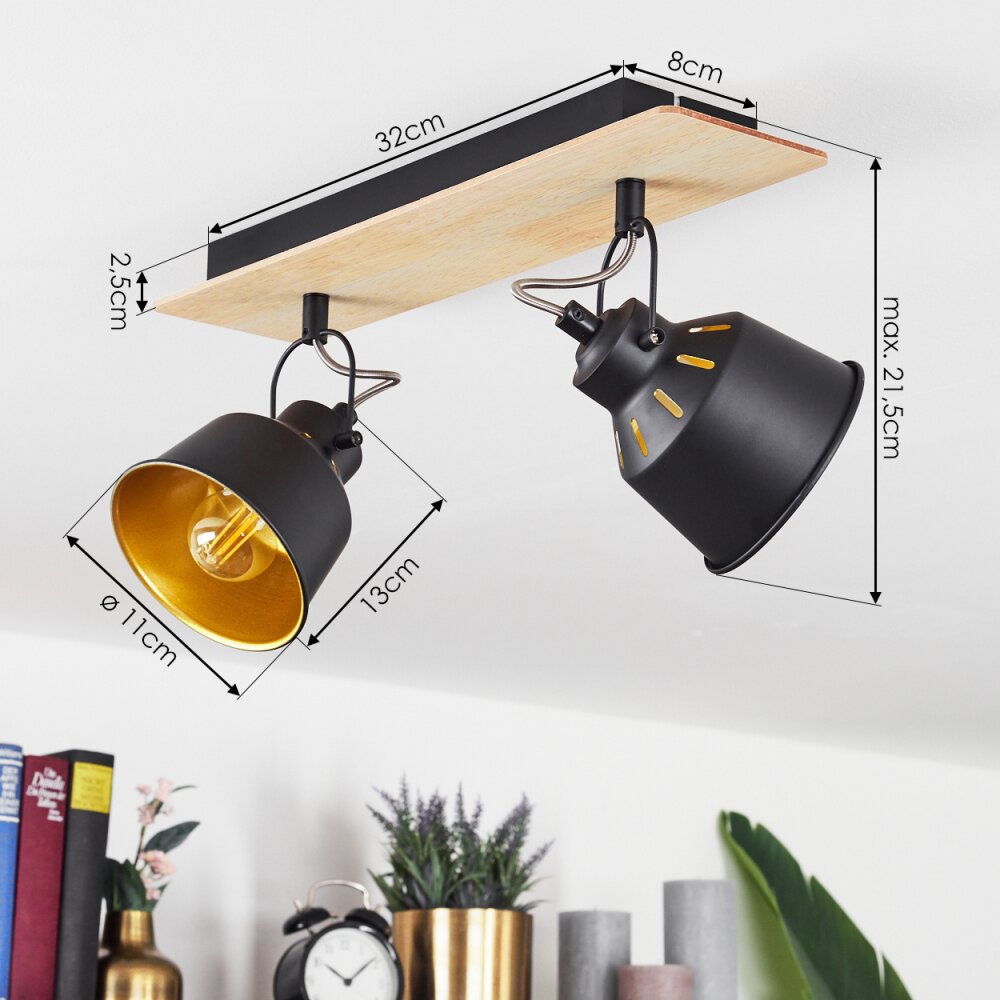 Safari Plafondlamp Chroom, Hout licht, Zwart, 2-lichts