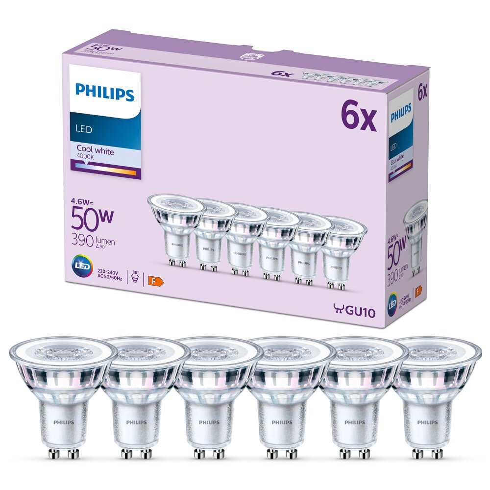 Philips Klassiek Set van 6 LED GU10 4,6 Watt 4000 Kelvin 390 Lumen main product photo