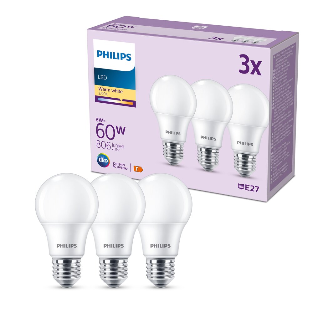 Philips Klassieke set van 3 LED E27 8 Watt 2700 Kelvin 806 Lumen main product photo