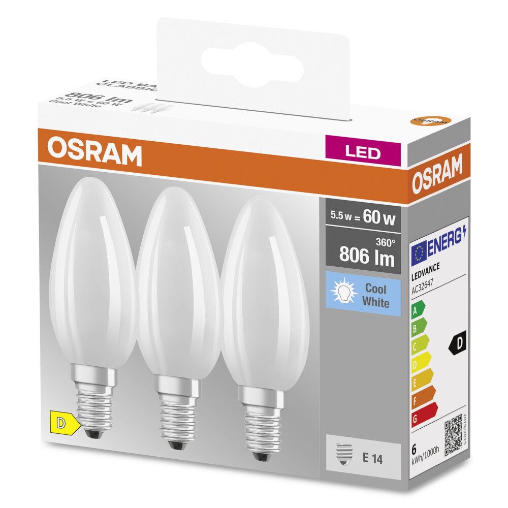 OSRAM CLASSIC B Set van 3 LED E14 5,5 Watt 4000 Kelvin 806 Lumen main product photo