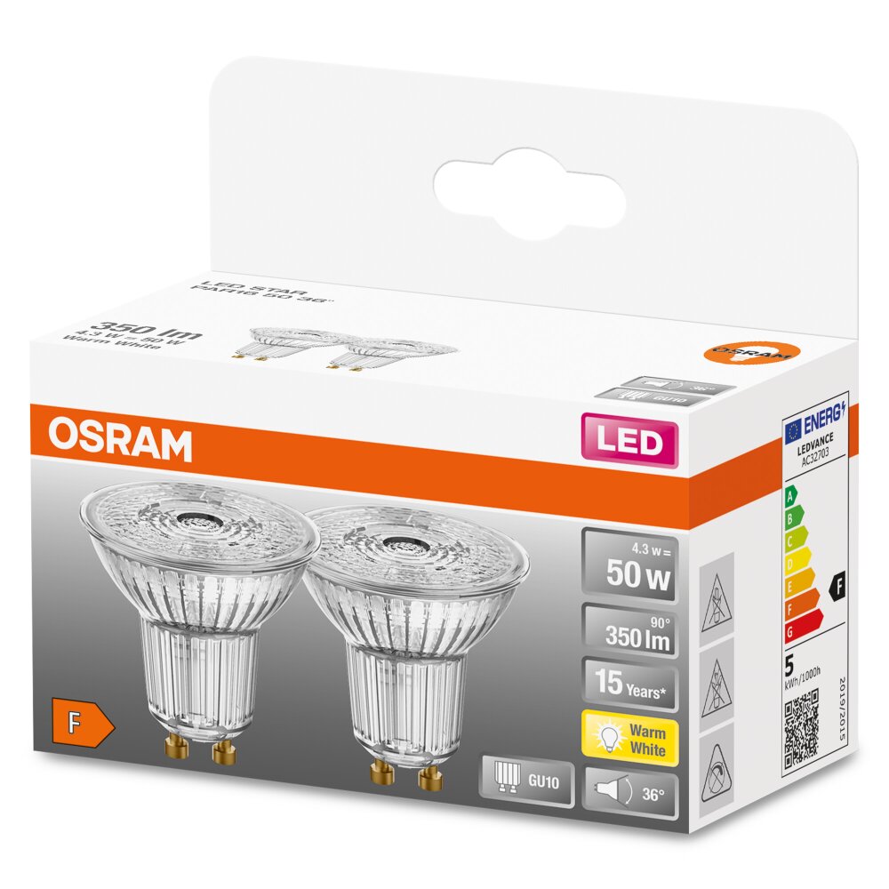 OSRAM LED STAR set van 2 GU10 4,3 watt 2700 kelvin 350 lumen main product photo
