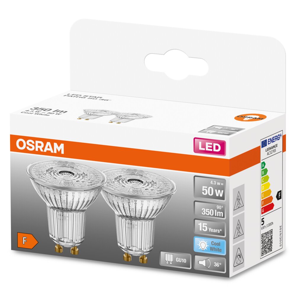 OSRAM LED STAR PAR16 Set van 2 GU10 4,3 Watt 4000 Kelvin 350 Lumen main product photo