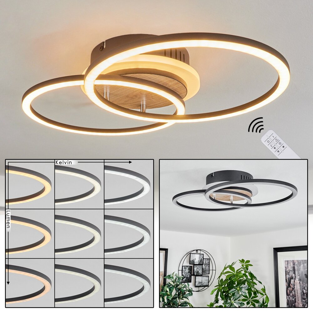 Audouin Plafondlamp LED houtlook, Zwart, 1-licht, Afstandsbediening main product photo