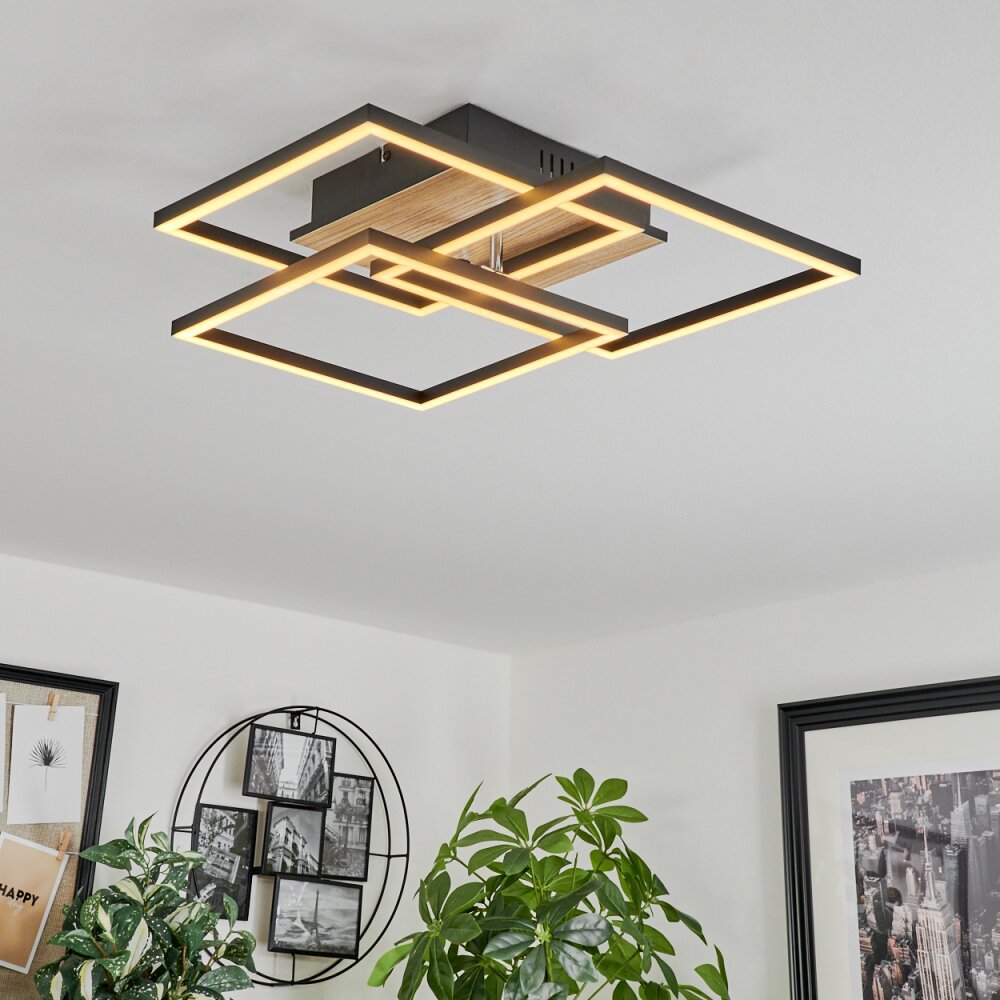 Oberegg Plafondlamp LED houtlook, Zwart, 1-licht, Afstandsbediening