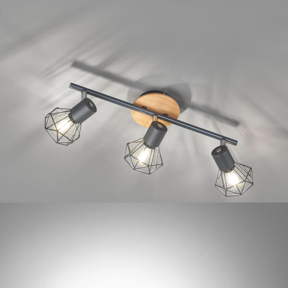 Fischer & Honsel Ran Plafondlamp Grijs, houtlook, 3-lichts main product photo
