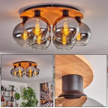Koyoto Plafondlamp - Glas Natuurlijke kleuren, Zwart, 6-lichts