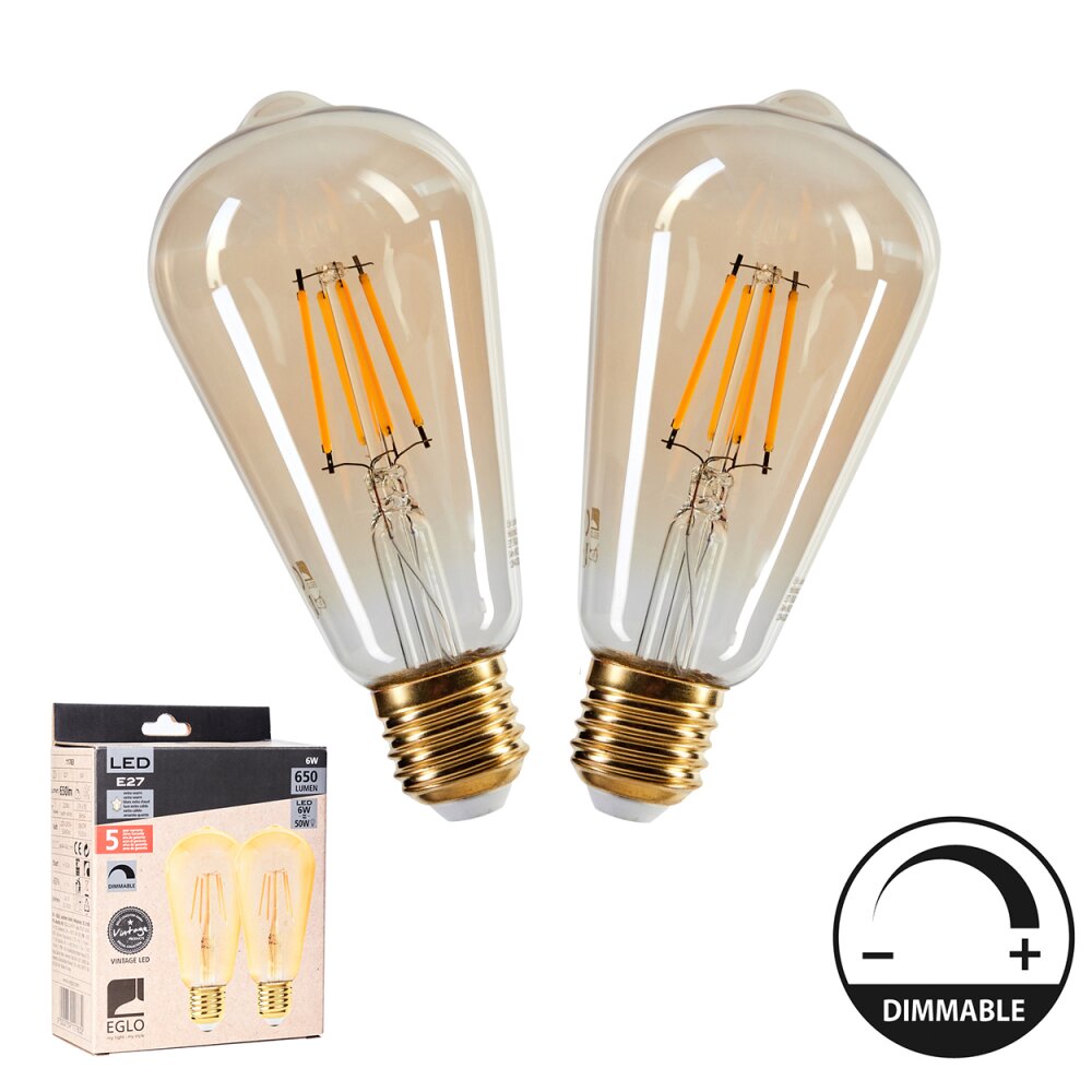 E27 set van 2 LED 6 watt 2200 Kelvin 650 lumen Amber, Messing, 1-licht main product photo