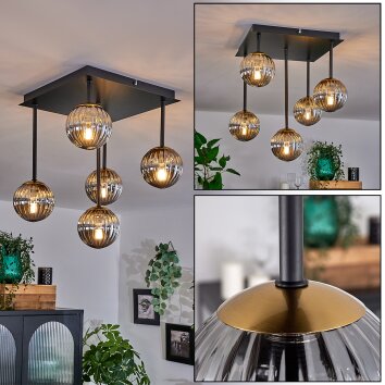 Chehalis Plafondlamp - Glas Goud, Zwart, 5-lichts
