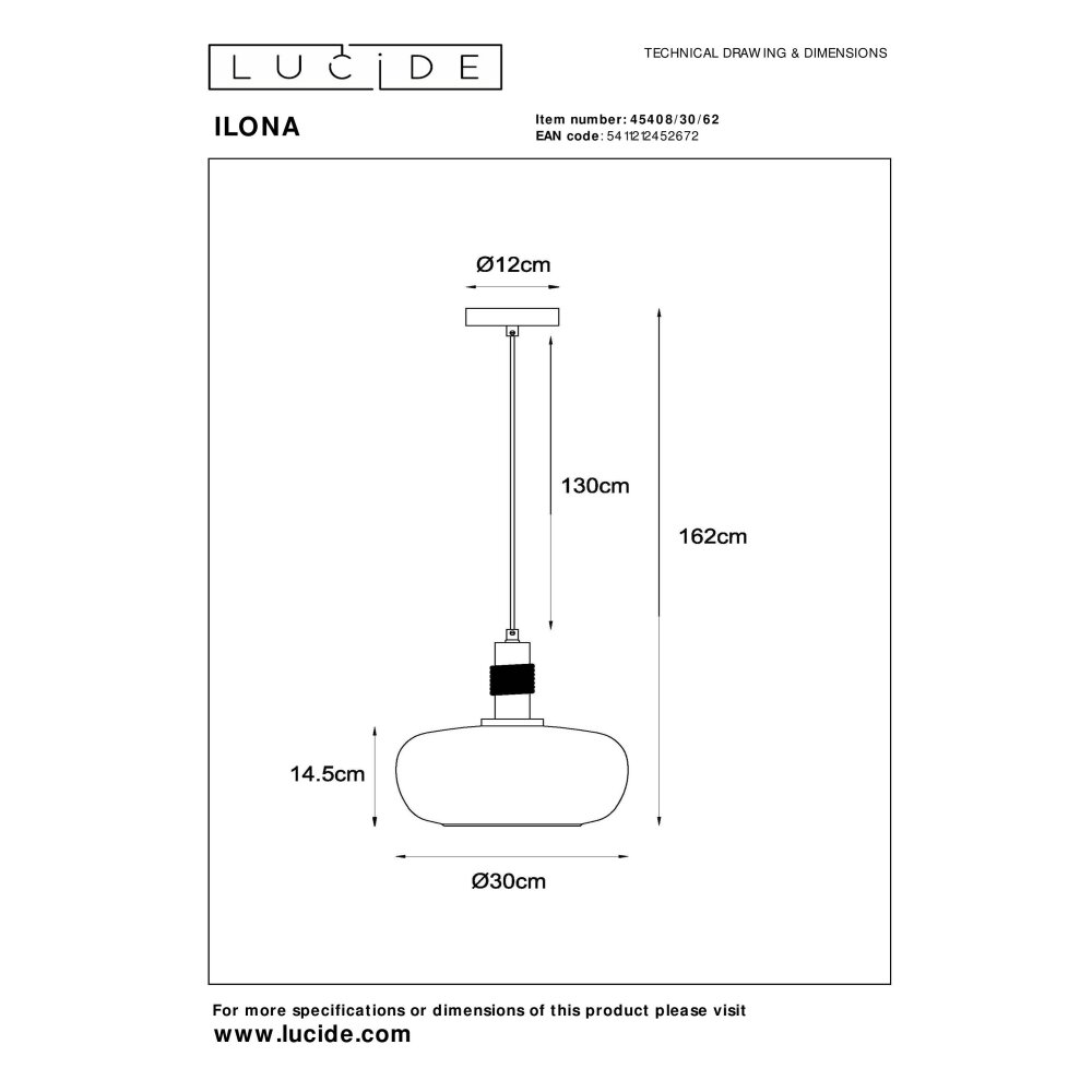 Lucide ILONA Hanglamp Zwart, 1-licht
