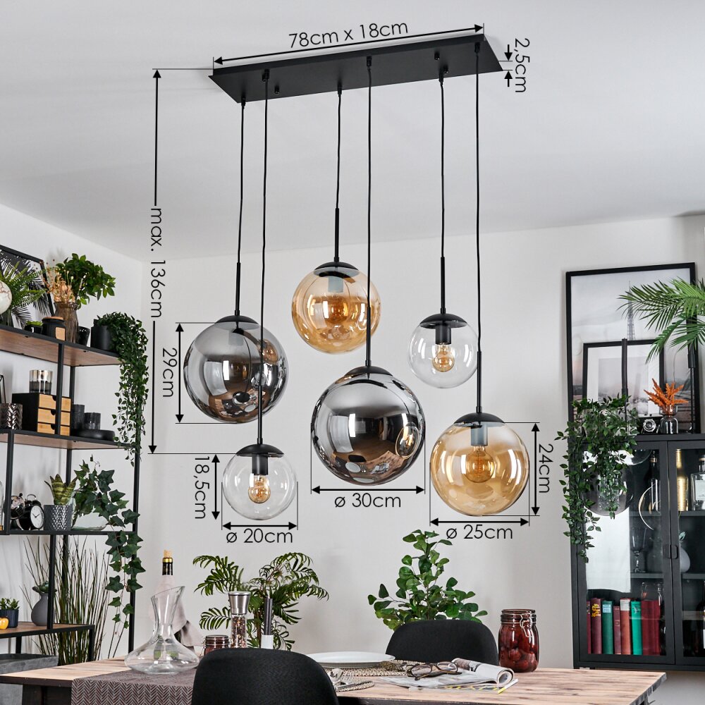 Gastor Hanglamp, Kogellampje, Hanglamp Amber, Duidelijk, Rookkleurig, 6-lichts