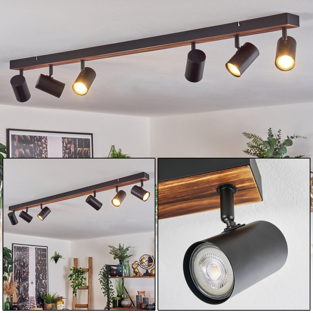 Gesteira Plafondlamp, Plafondspot Hout donker, Zwart, 6-lichts main product photo