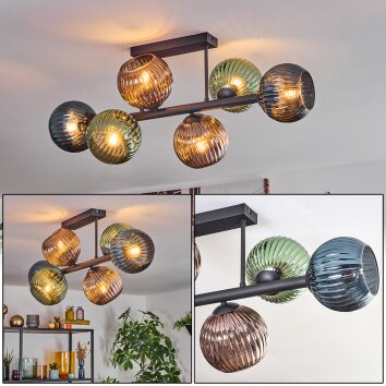 Koyoto Plafondlamp, Kogellampje Blauw, Groen, Koperkleurig, 6-lichts
