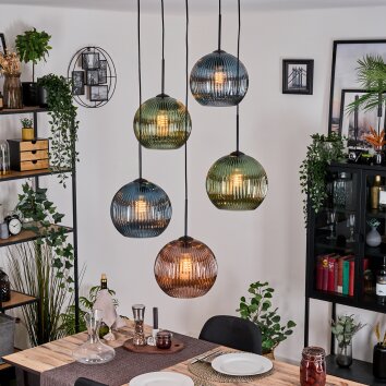 Koyoto Hanglamp, Kogellampje, Cluster hanglamp Blauw, Groen, Koperkleurig, 5-lichts Koyoto Hanglamp, Kogellampje, Cluster hanglamp Blauw, Groen, Koperkleurig, 5-lichts
