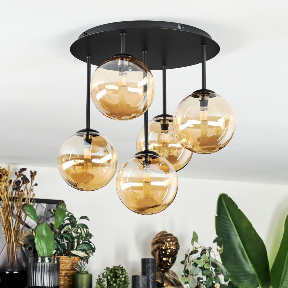 Chehalis Plafondlamp, Kogellampje Amber, 5-lichts