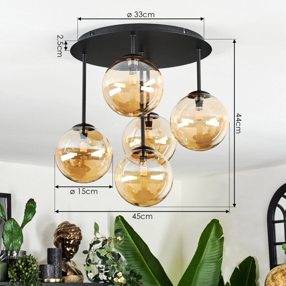 Chehalis Plafondlamp, Kogellampje Amber, 5-lichts