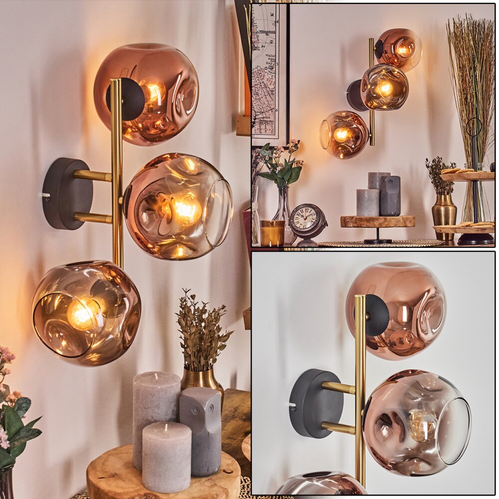 Ripoll Kogellampje, Wandlamp Goud, Zwart, 3-lichts main product photo