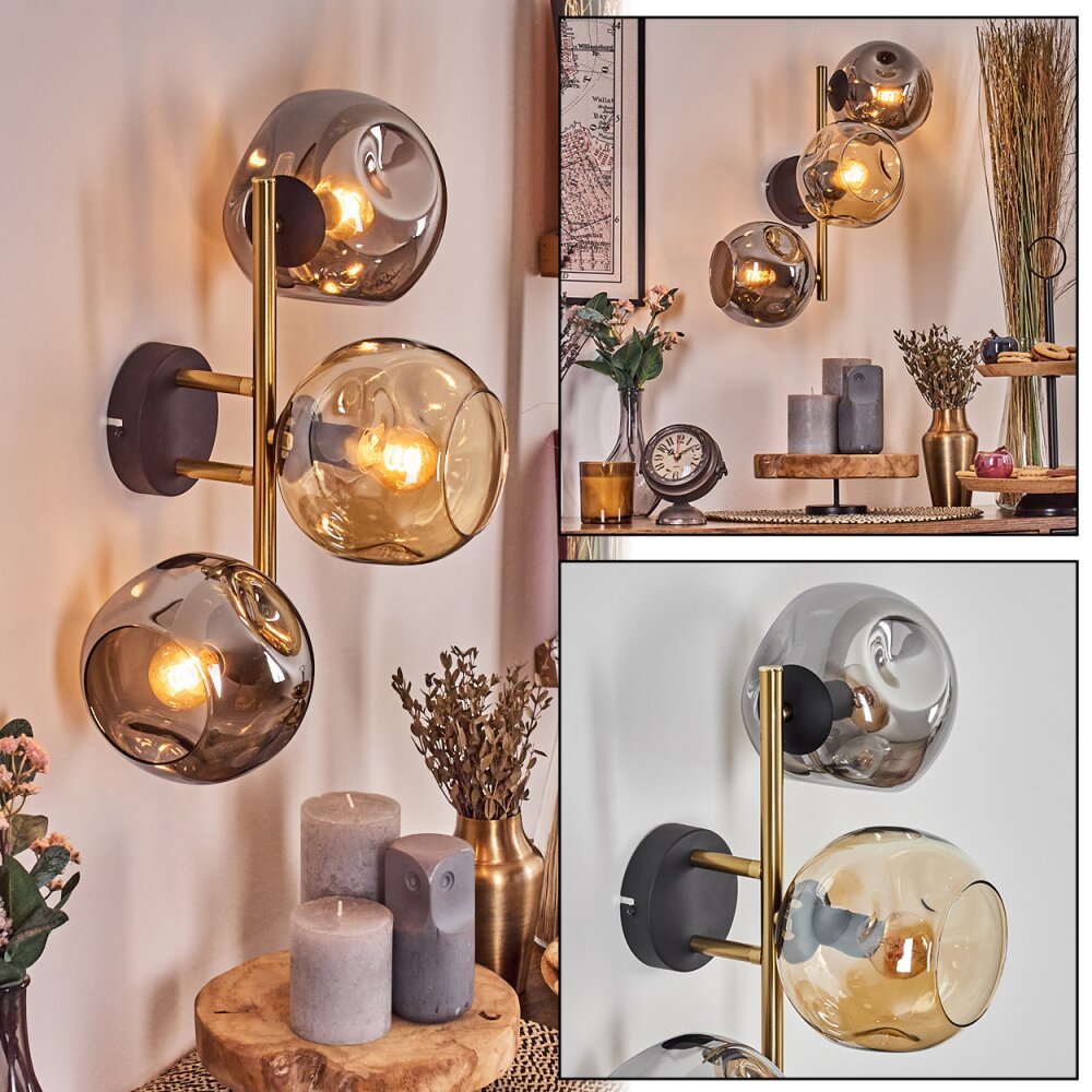 Ripoll Kogellampje, Wandlamp Goud, Zwart, 3-lichts main product photo