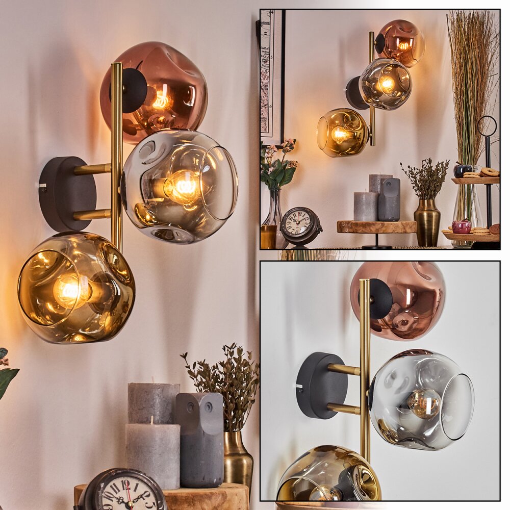 Ripoll Kogellampje, Wandlamp Goud, Zwart, 3-lichts main product photo