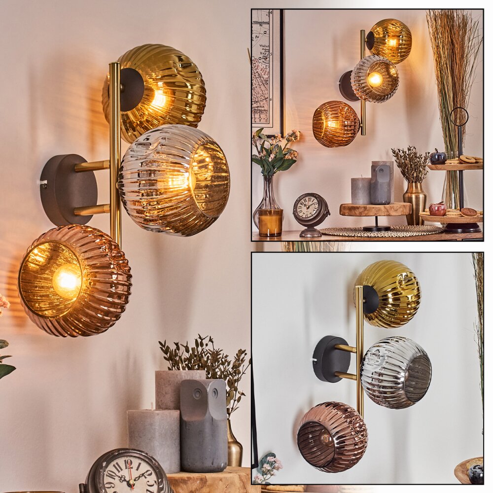 Ripoll Kogellampje, Wandlamp Goud, Zwart, 3-lichts main product photo