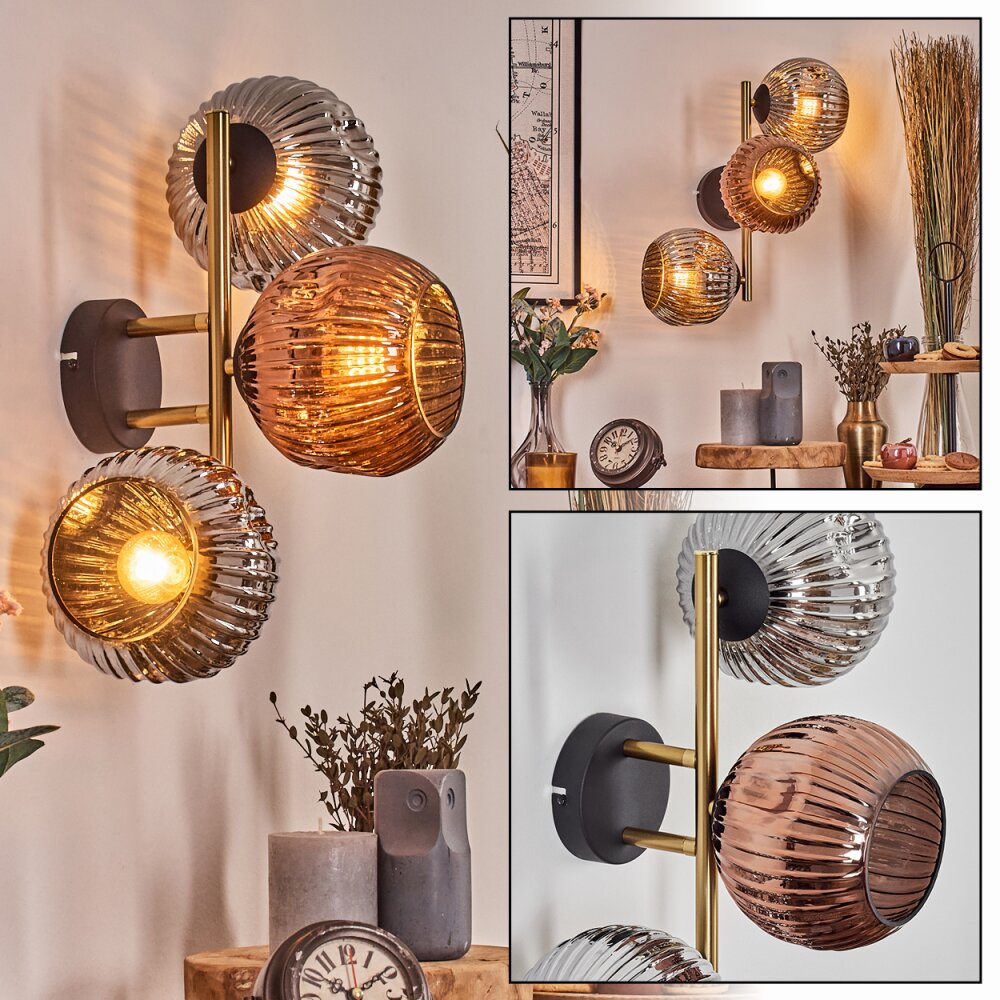 Ripoll Kogellampje, Wandlamp Goud, Zwart, 3-lichts main product photo