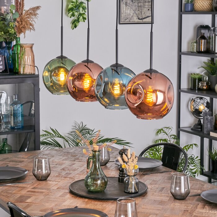 Ripoll Hanglamp, Kogellampje, Hanglamp Blauw, Groen, Koperkleurig, 4-lichts