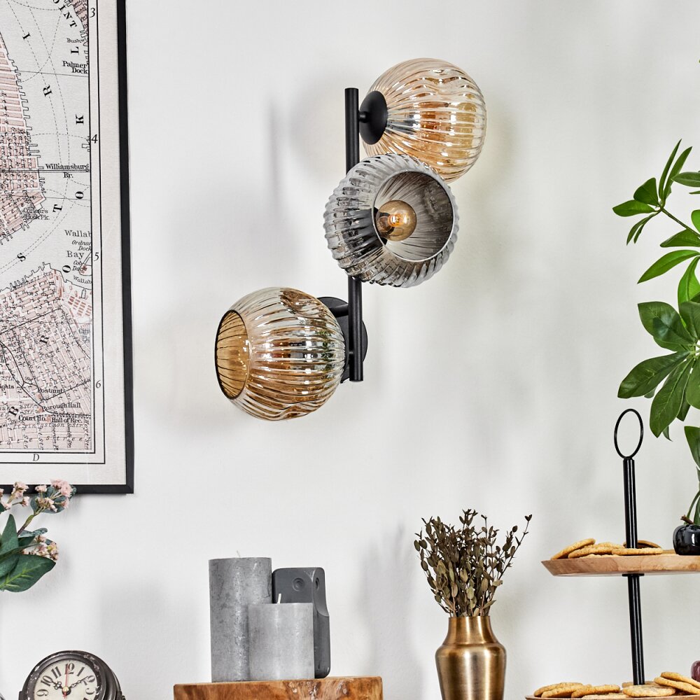 Ripoll Kogellampje, Wandlamp Amber, Rookkleurig, 3-lichts