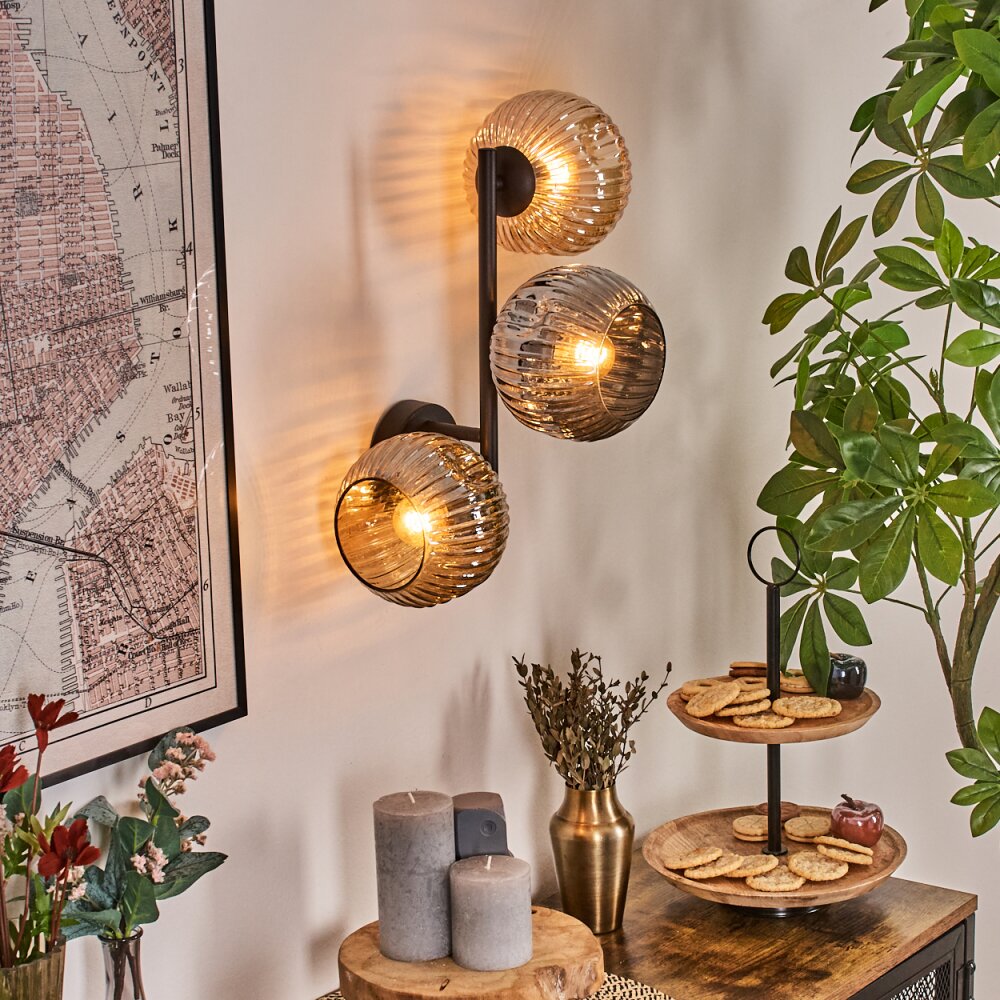 Ripoll Kogellampje, Wandlamp Amber, Rookkleurig, 3-lichts