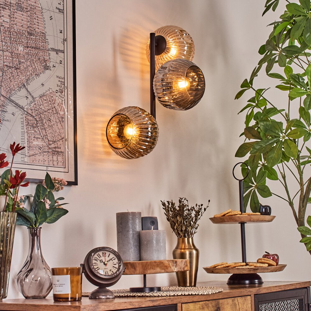 Ripoll Kogellampje, Wandlamp Amber, Rookkleurig, 3-lichts