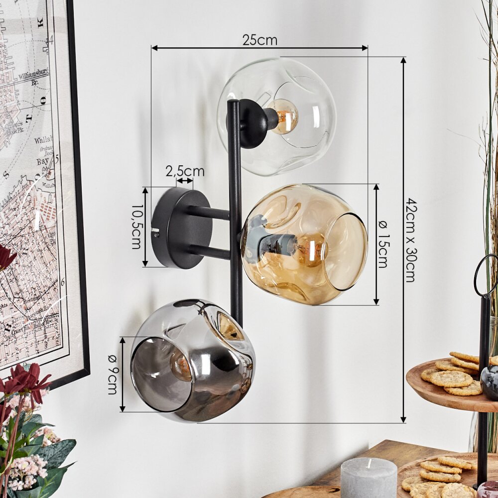 Ripoll Kogellampje, Wandlamp Amber, Duidelijk, Rookkleurig, 3-lichts