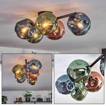 Ripoll Plafondlamp, Kogellampje Blauw, Groen, Koperkleurig, 5-lichts