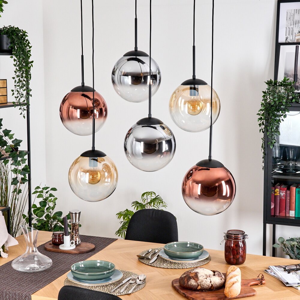 Gastor Hanglamp, Kogellampje, Hanglamp Amber, Chroom, Duidelijk, Koperkleurig, Rookkleurig, 6-lichts