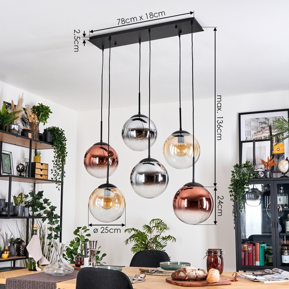 Gastor Hanglamp, Kogellampje, Hanglamp Amber, Chroom, Duidelijk, Koperkleurig, Rookkleurig, 6-lichts