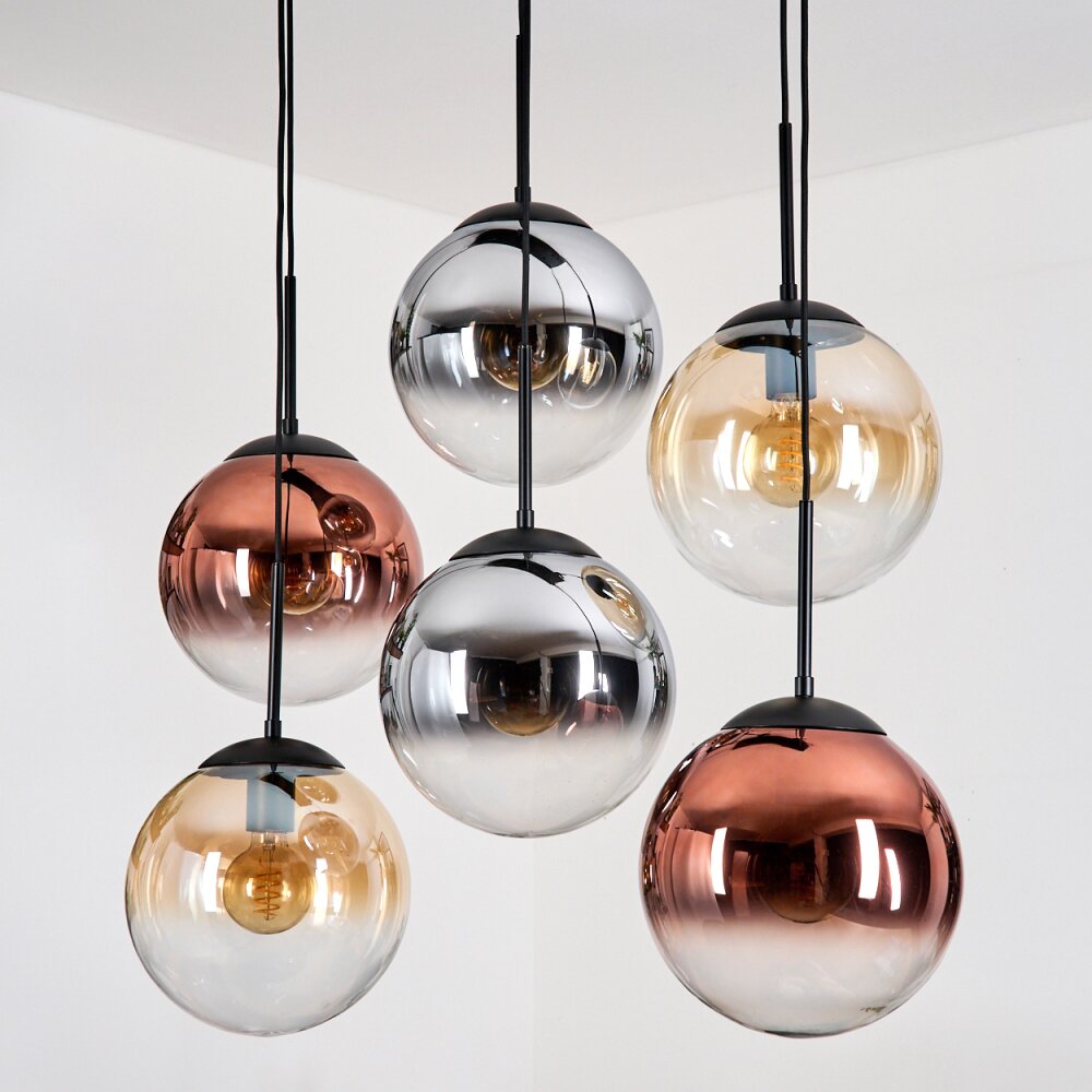 Gastor Hanglamp, Kogellampje, Hanglamp Amber, Chroom, Duidelijk, Koperkleurig, Rookkleurig, 6-lichts