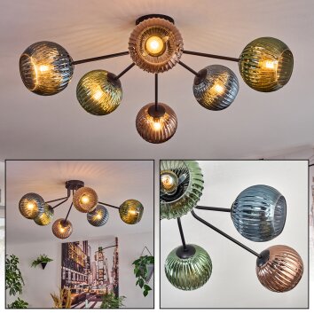 Koyoto Plafondlamp, Kogellampje 74 cm Blauw, Groen, Koperkleurig, 6-lichts