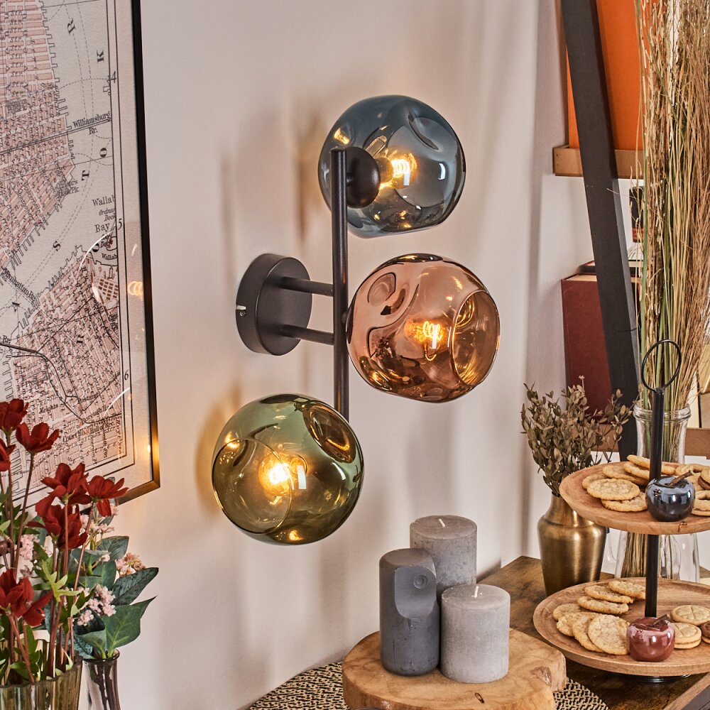 Ripoll Kogellampje, Wandlamp Blauw, Groen, Koperkleurig, 3-lichts