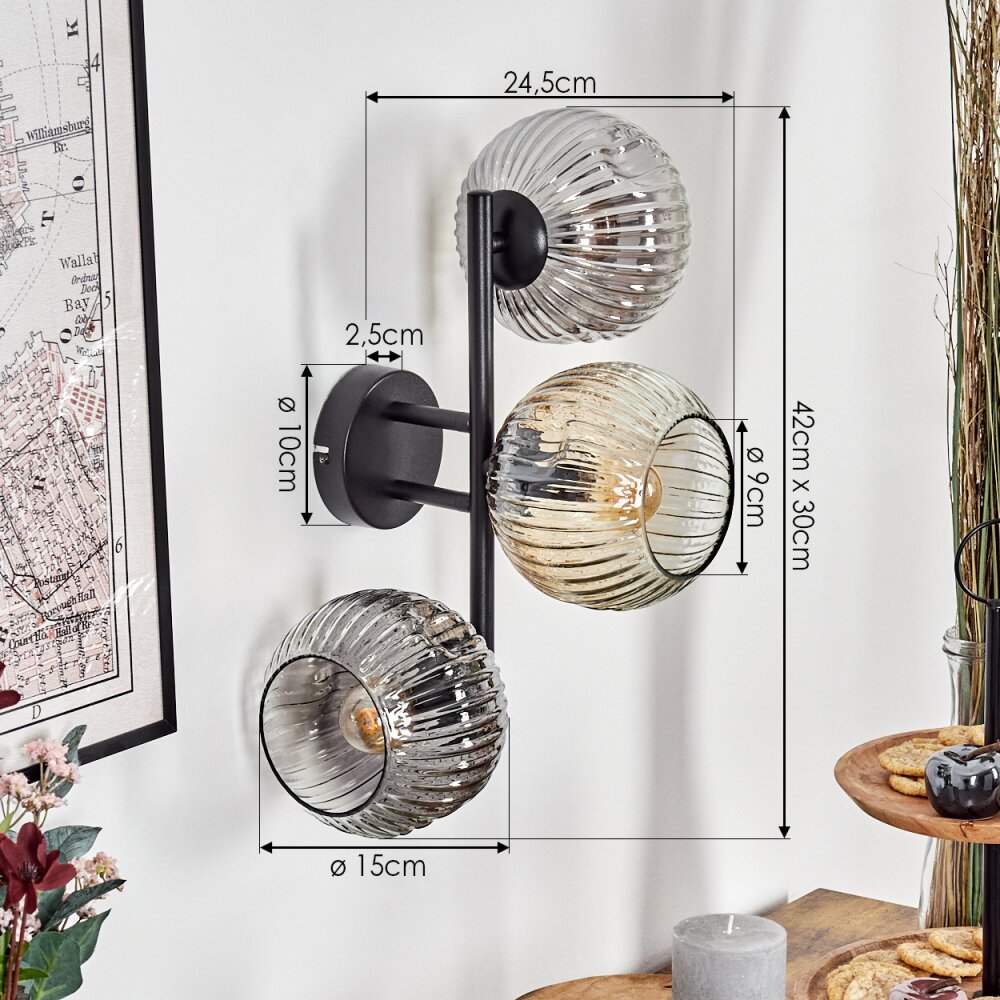 Ripoll Kogellampje, Wandlamp Amber, Duidelijk, Rookkleurig, 3-lichts