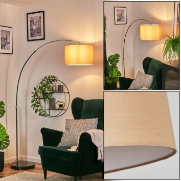 Soungou Staande lamp, Booglampen Chroom, Zwart, 1-licht, Stoffen lampenkap