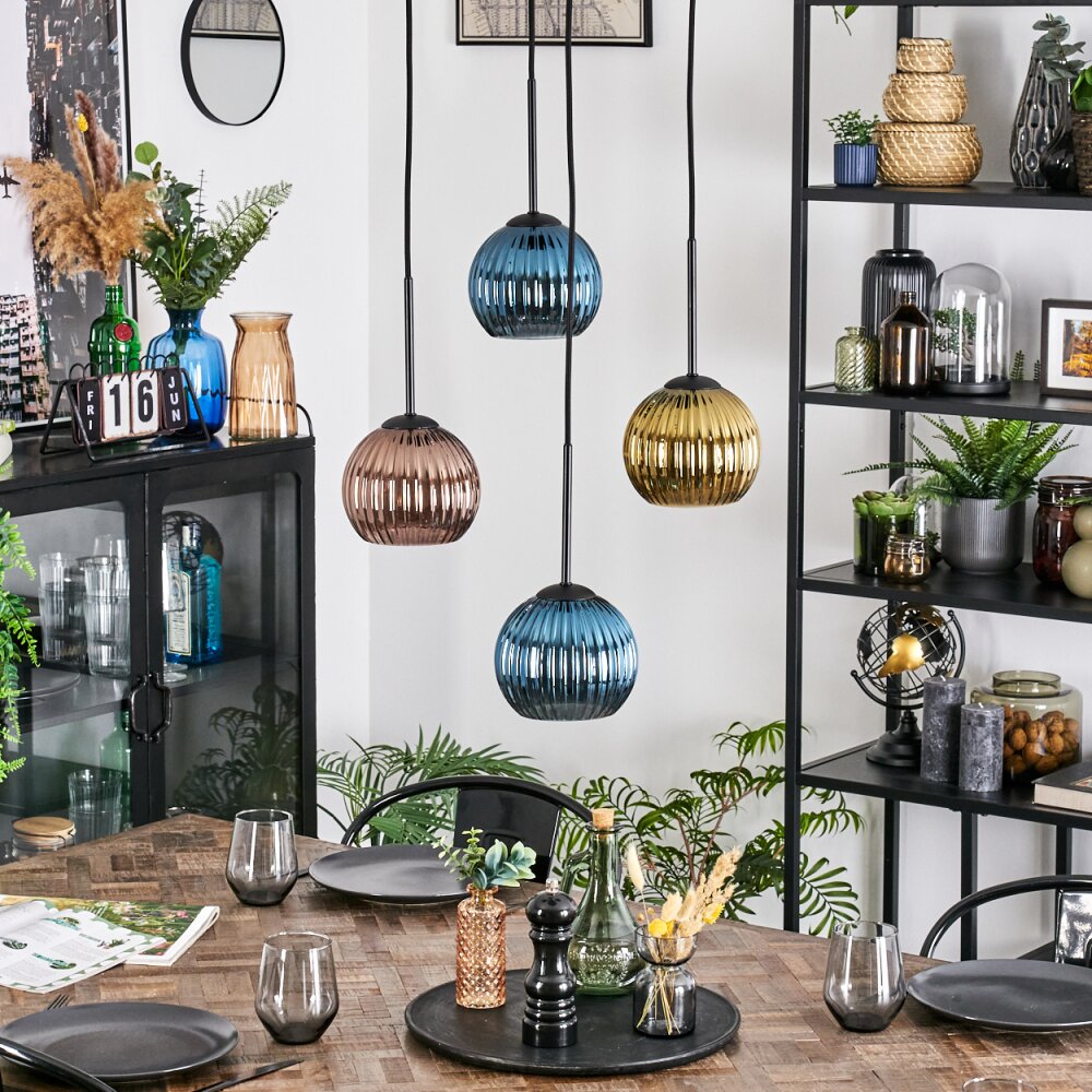 Koyoto Hanglamp, Kogellampje, Cluster hanglamp Blauw, Goud, Koperkleurig, 4-lichts