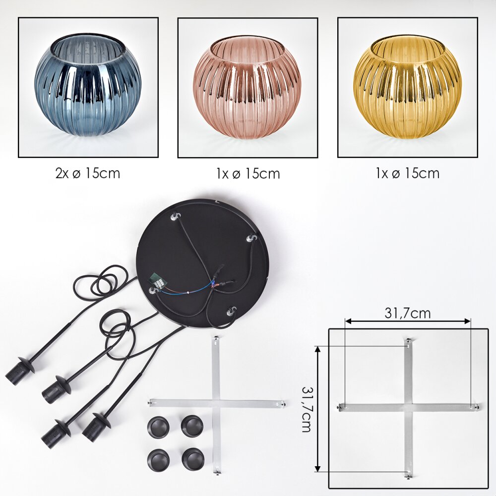 Koyoto Hanglamp, Kogellampje, Cluster hanglamp Blauw, Goud, Koperkleurig, 4-lichts