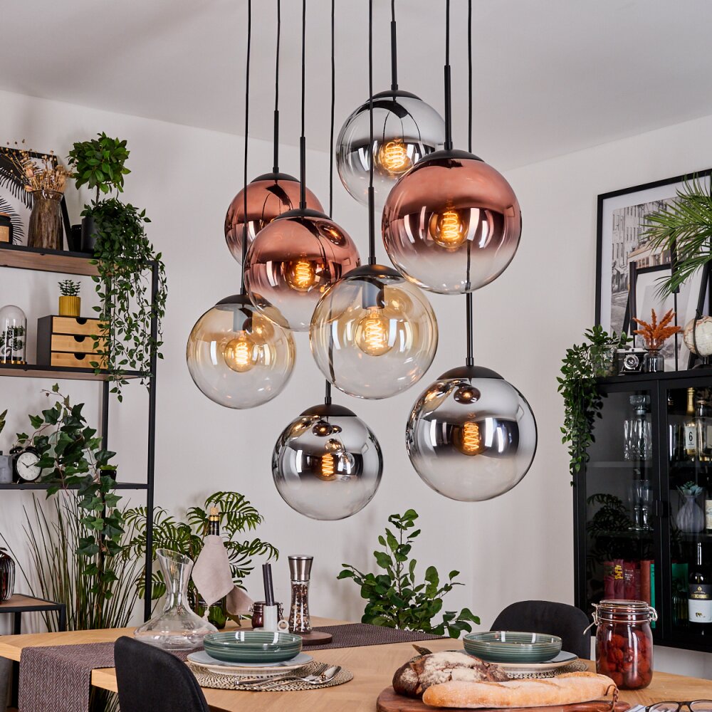 Gastor Hanglamp, Kogellampje, Hanglamp Amber, Chroom, Duidelijk, Koperkleurig, Rookkleurig, 8-lichts