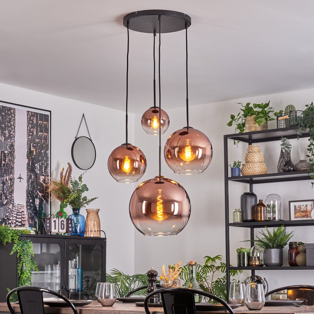 Koyoto Hanglamp, Kogellampje, Cluster hanglamp Duidelijk, Koperkleurig, 4-lichts