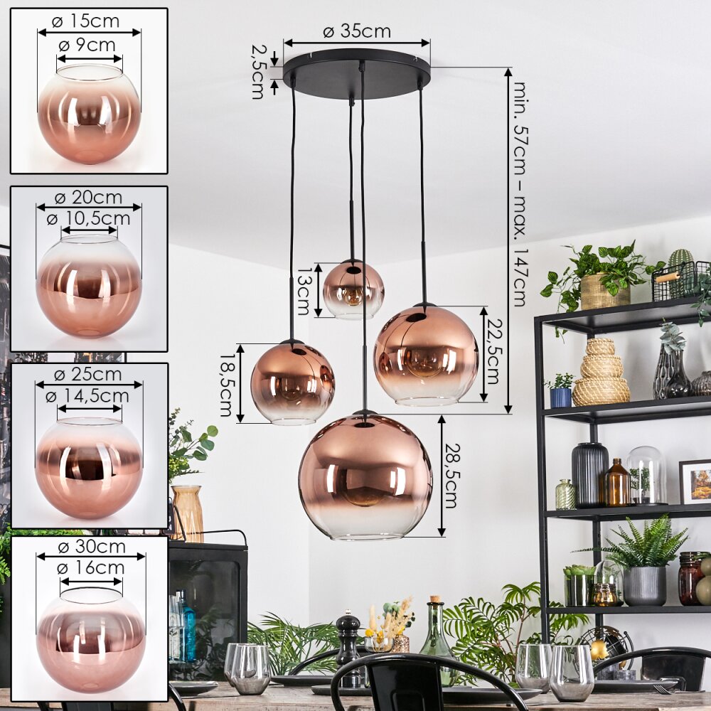 Koyoto Hanglamp, Kogellampje, Cluster hanglamp Duidelijk, Koperkleurig, 4-lichts